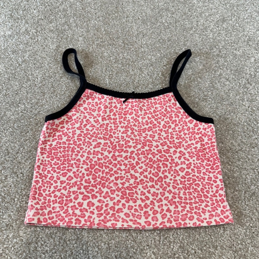 John Galt Pink Leopard Print Camisole Crop Top Black Trim Bow Small Cotton Y2k